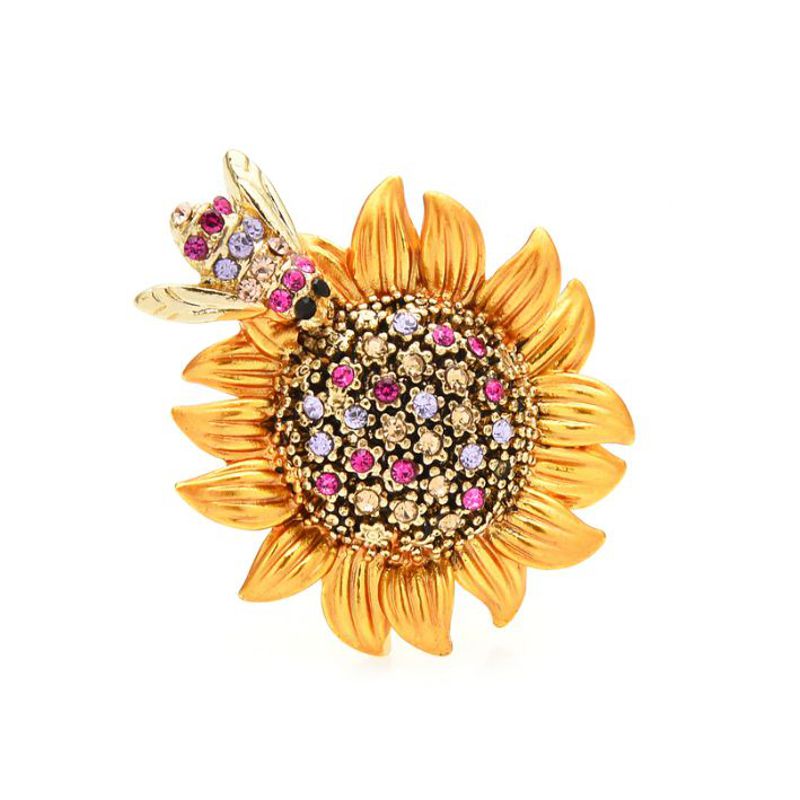 Small Sunflower Pin with Crystals and Bee - Click Image to Close